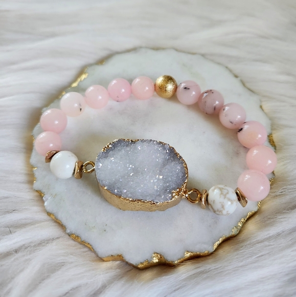 New Ryze Natural Stone Rose Quartz & White Druzy Bracelet Staxx - Set of 3 - Picture 4 of 7